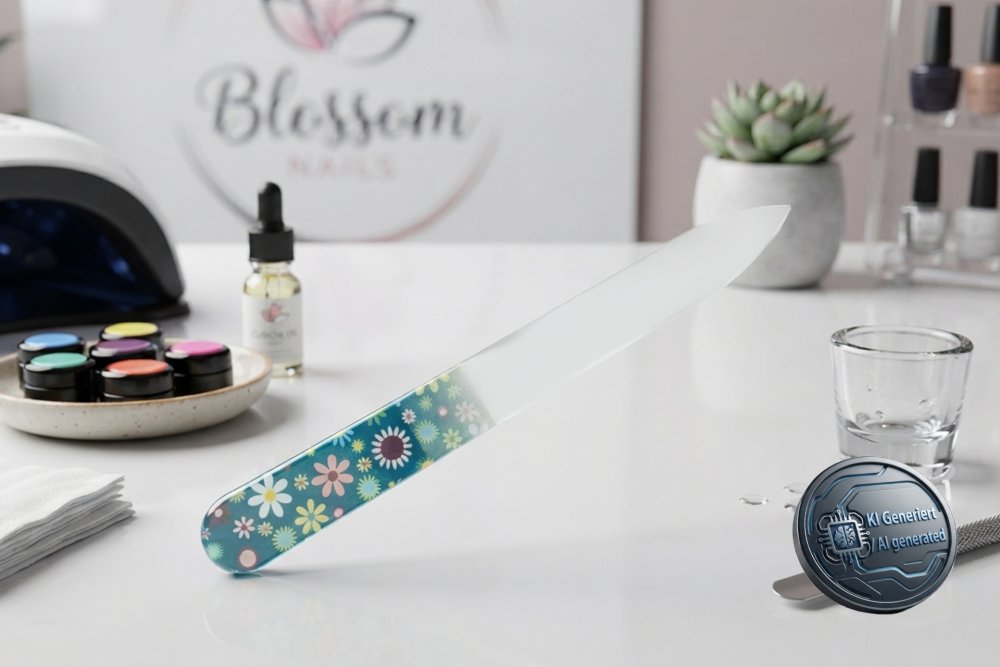 Glasfeile - doppelseitig, geätzt in gehärtetem Glas, Motiv Blumen hellblau, mit Etui, Länge: 13,5 cm