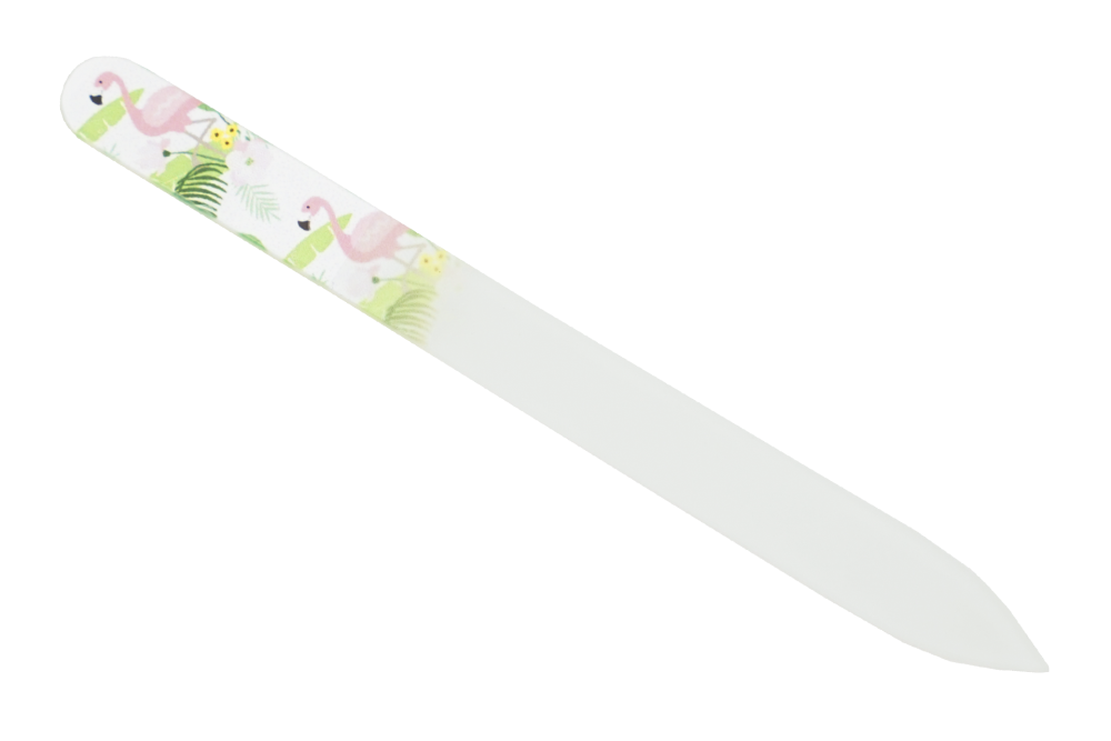 Glasfeile - doppelseitig, geätzt in gehärtetem Glas, Motiv Flamingo, mit Etui, Länge: 13,5 cm