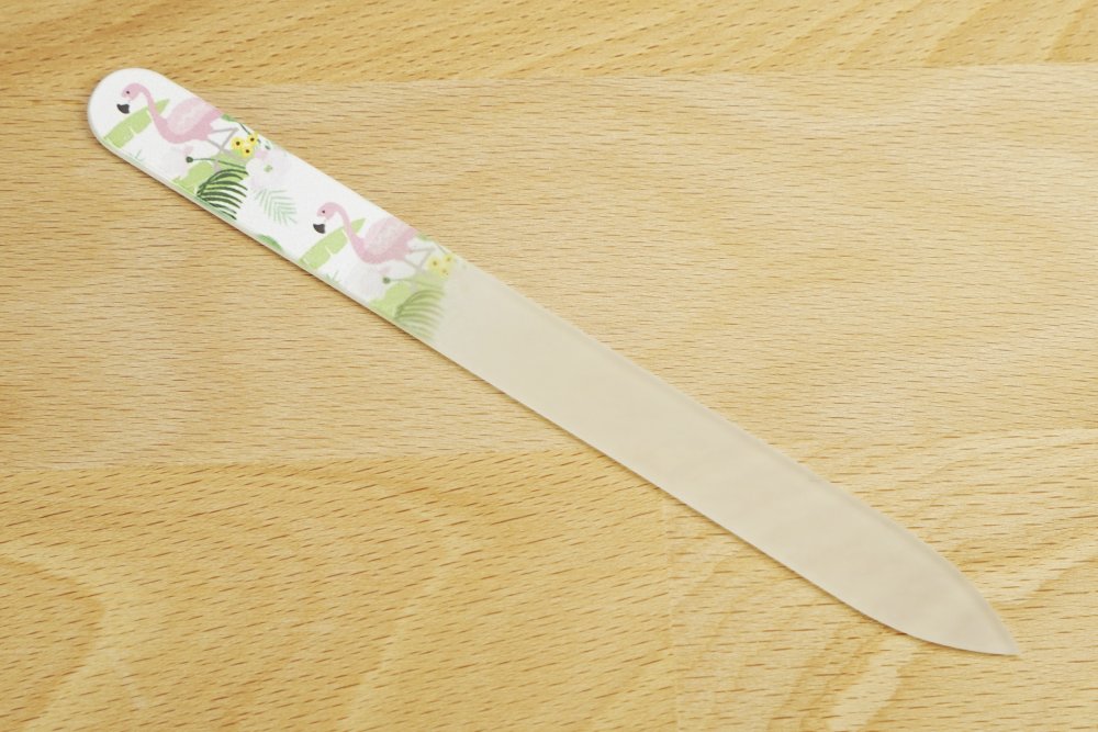 Glasfeile - doppelseitig, geätzt in gehärtetem Glas, Motiv Flamingo, mit Etui, Länge: 13,5 cm