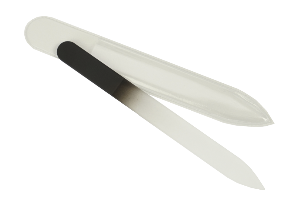 Double side hardglass nailfile, Black, in white plastic case, Length: 13,5 cm