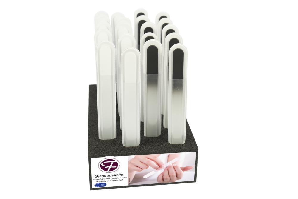 Display bestückt mit 20 x Glasfeile - doppelseitig, geätzt in gehärtetem Glas, Schwarz und Weiß, mit Etui, Länge: 13,5 cm