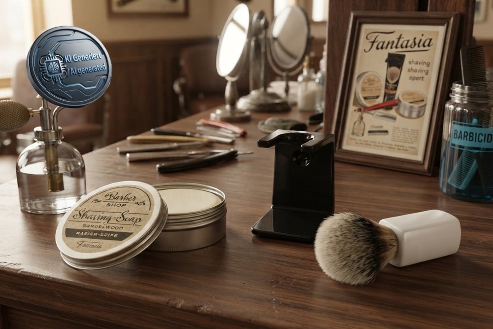Holder for Shavingbrush black with shaving brush white with Synthetikhair, Shaving soap in an aluminum can