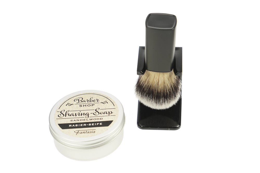 Holder for Shavingbrush black with shaving brush black with Synthetikhair, Shaving soap in an aluminum can