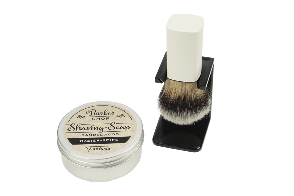 Holder for Shavingbrush black with shaving brush white with Synthetikhair, Shaving soap in an aluminum can