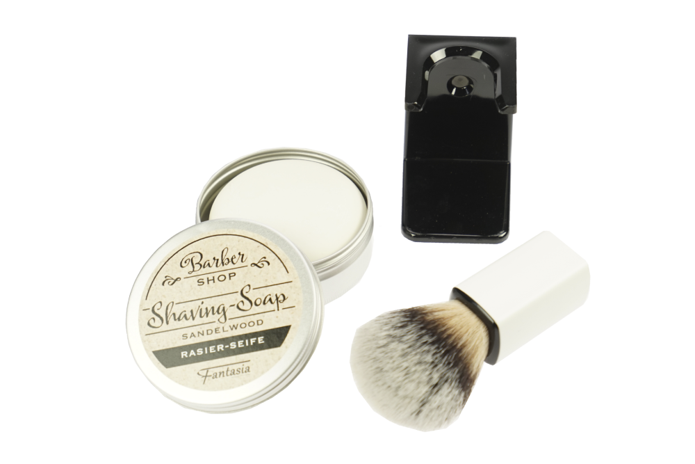 Holder for Shavingbrush black with shaving brush white with Synthetikhair, Shaving soap in an aluminum can