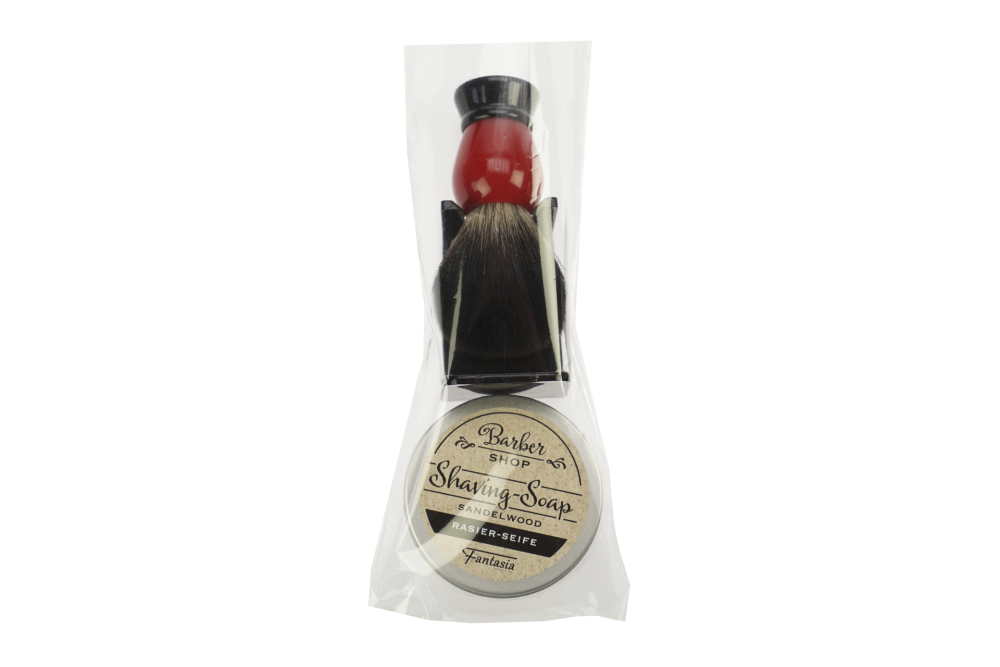 Holder for Shavingbrush black with shaving brush red/black with Synthetikhair, Shaving soap in an aluminum can
