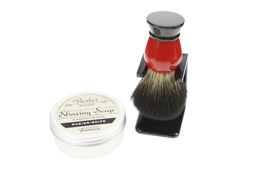 Holder for Shavingbrush black with shaving brush red/black with Synthetikhair, Shaving soap in an aluminum can