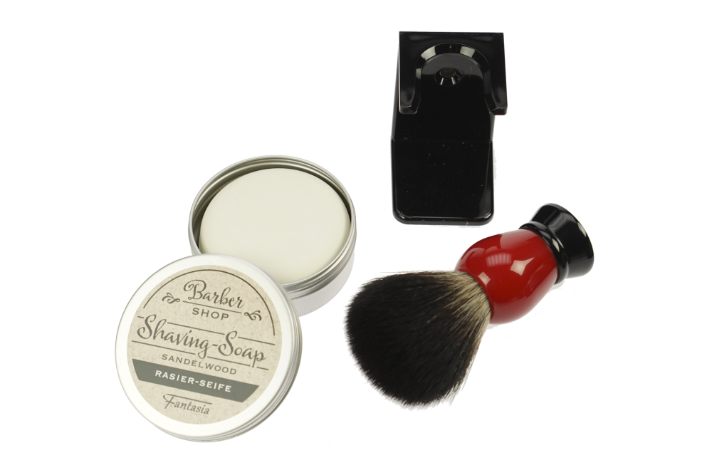 Holder for Shavingbrush black with shaving brush red/black with Synthetikhair, Shaving soap in an aluminum can