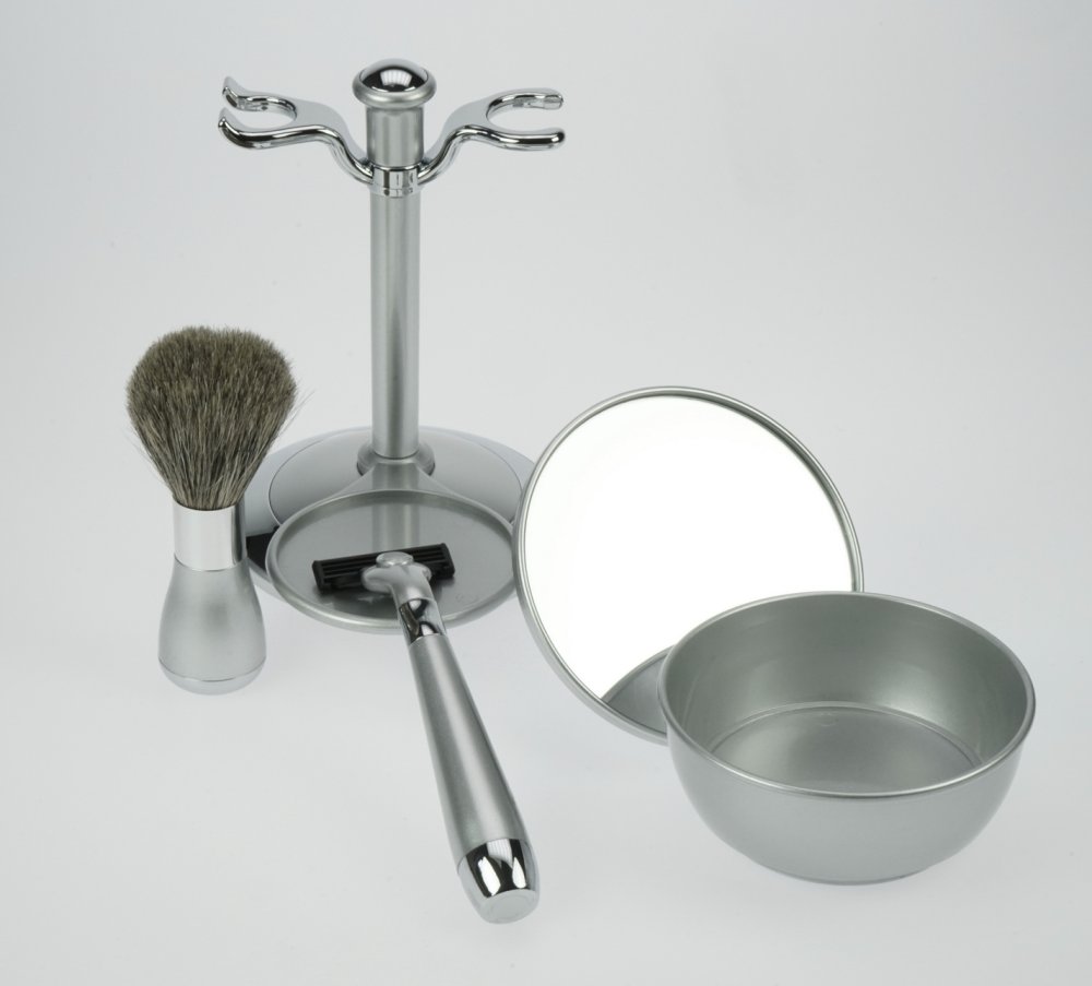 Shaving Set  Mach3, pure badger brush,  Plastic, silver,  With mug,  Hight: 17cm