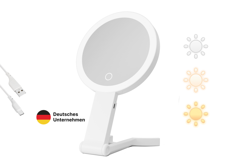 Hand- und Stellspiegel weiß, 10-fach/1-fach Vergrösserung mit LED-Beleuchtung
