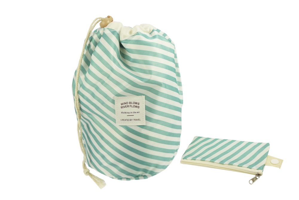Beauty travel bag, turquoise/white stripes, empty, Height 23,5 cm