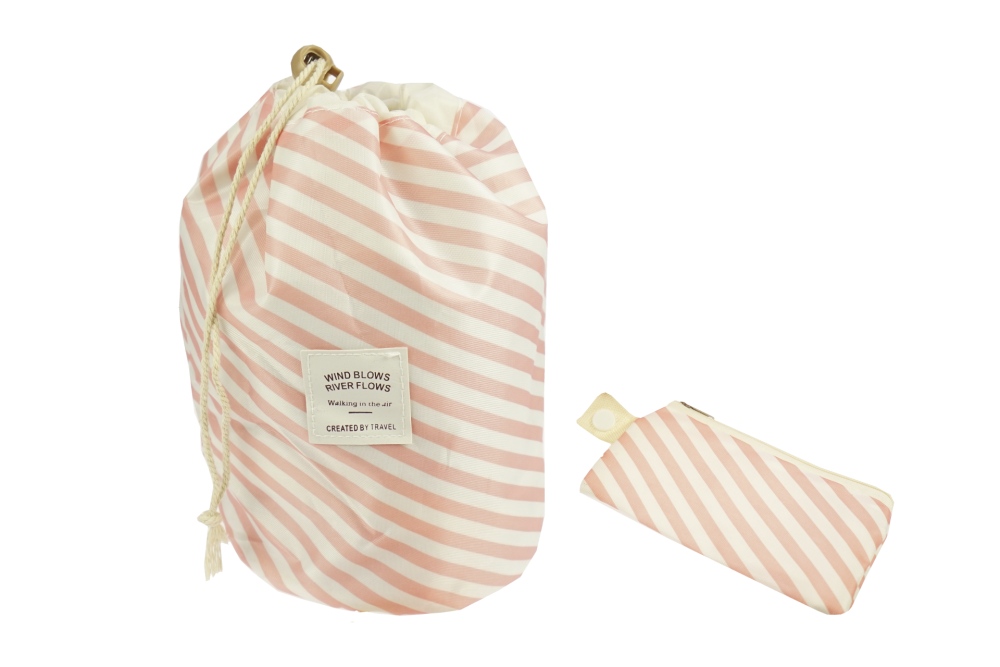 Beauty travel bag, pink/white striped, empty, Height 23,5 cm