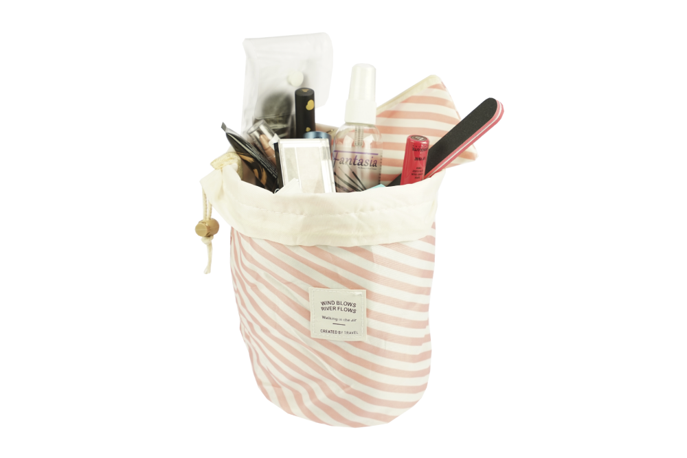 Beauty travel bag, pink/white striped, empty, Height 23,5 cm