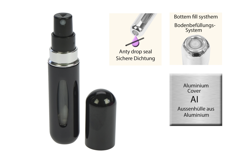 Taschenzerstäuber, schwarz für 5 ml, mit Füllautomatik und Sichtfenster