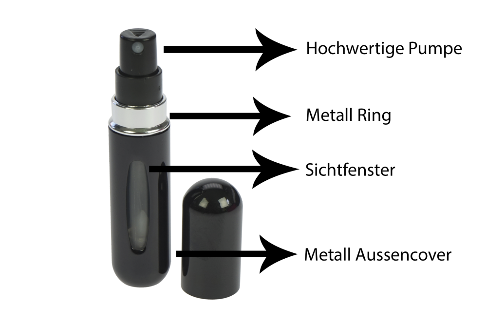 Taschenzerstäuber, schwarz für 5 ml, mit Füllautomatik und Sichtfenster