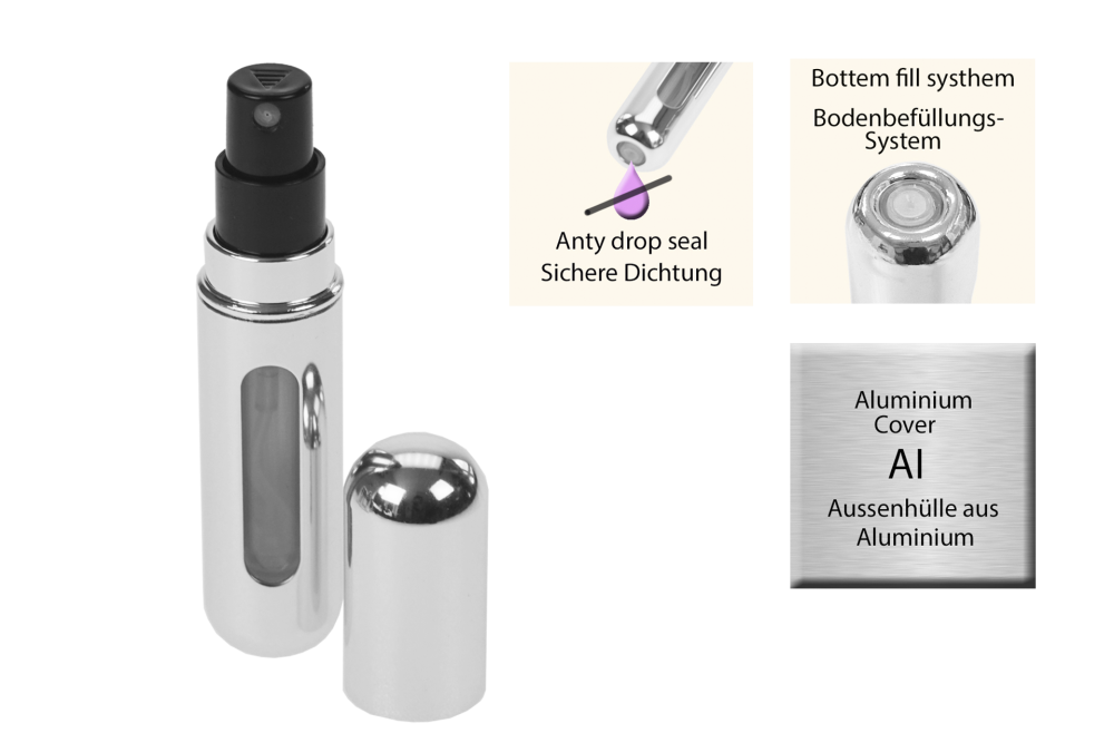 Taschenzerstäuber, silber glänzend für 5 ml, mit Füllautomatik und Sichtfenster