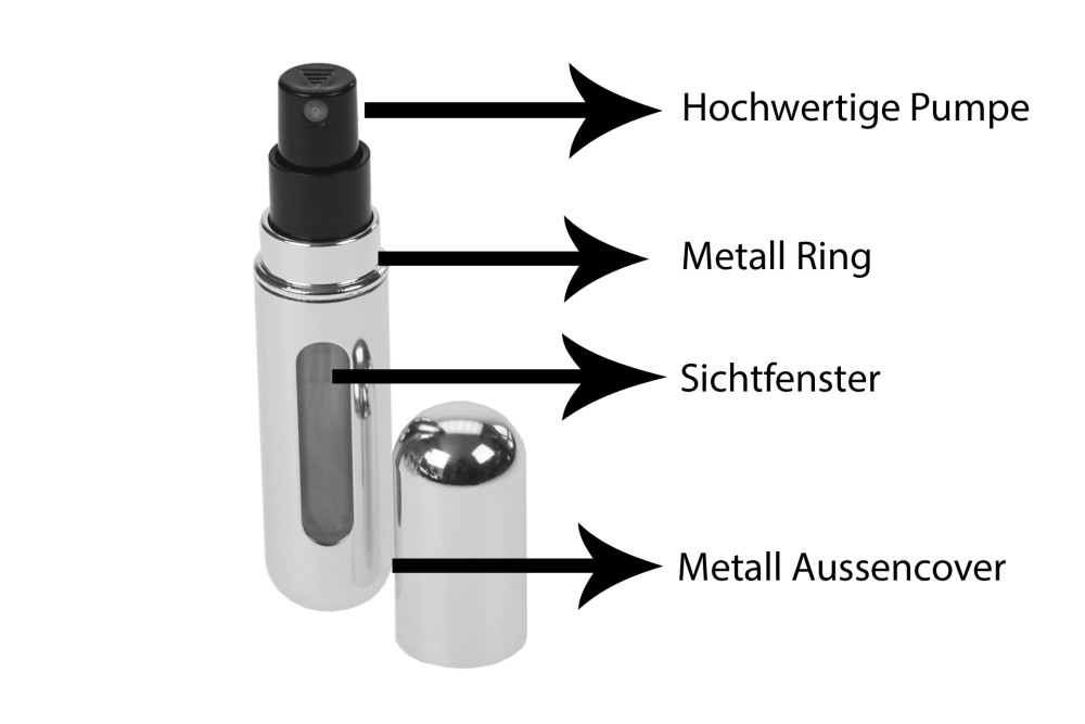 Taschenzerstäuber, silber glänzend für 5 ml, mit Füllautomatik und Sichtfenster