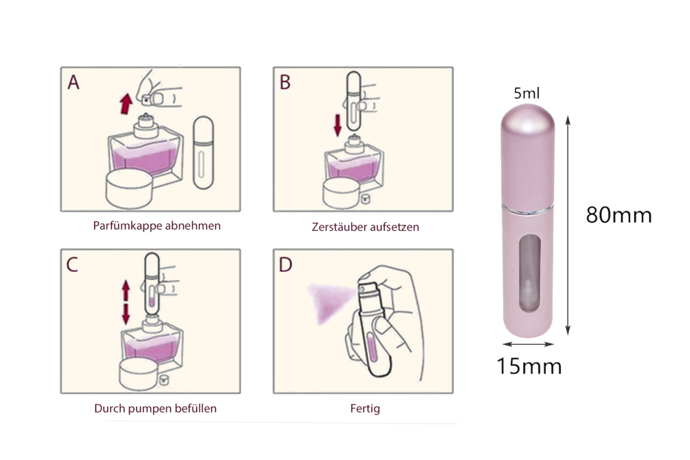 Taschenzerstäuber, matt pink für 5 ml, mit Füllautomatik und Sichtfenster