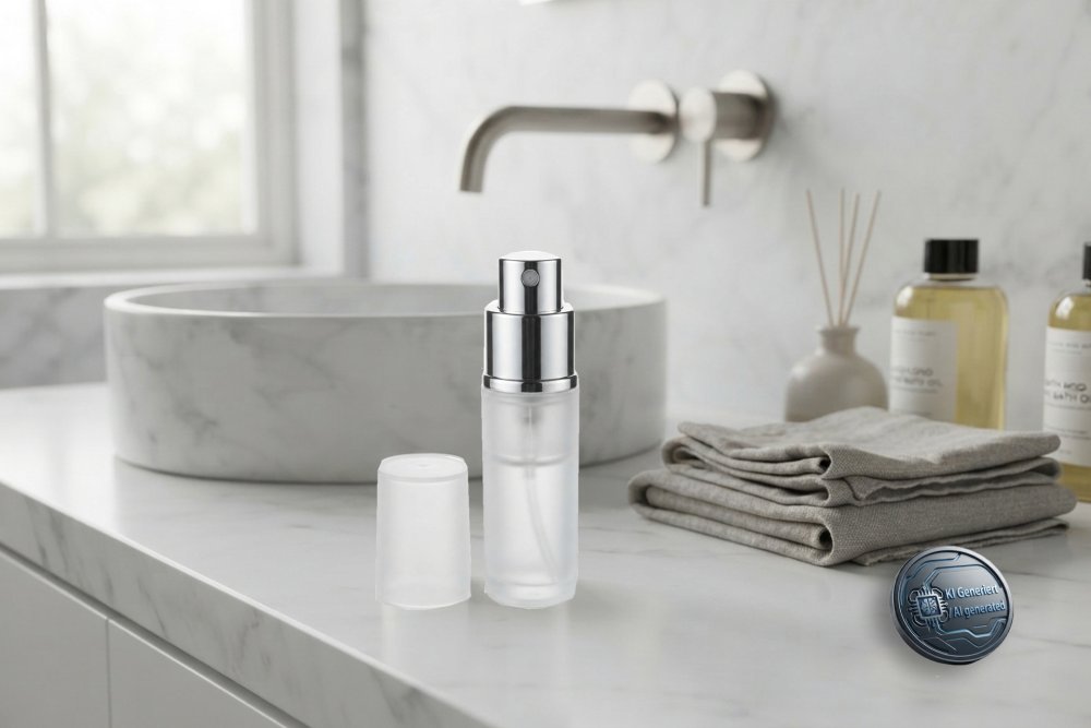 Atomiser Plastic with Glass-bottle, Transparent-white, for 8 ml, Height: 9 cm
