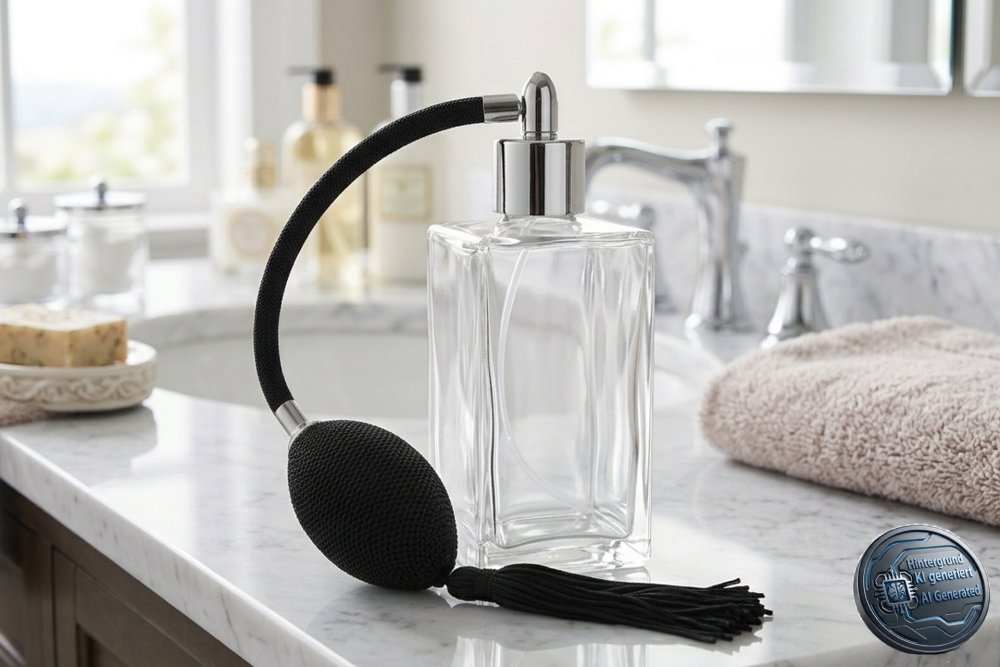 Tischzerstäuber, Glas eckig, mit Ballpumpe, schwarz-chromfarben, für 100 ml, Höhe: 14 cm