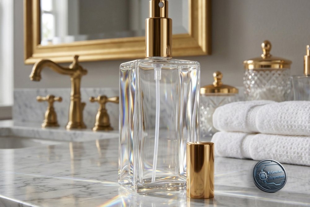 Tischzerstäuber, Glas eckig, goldfarbene Zerstäuberpumpe + Kappe, für 100 ml, Höhe: 13 cm