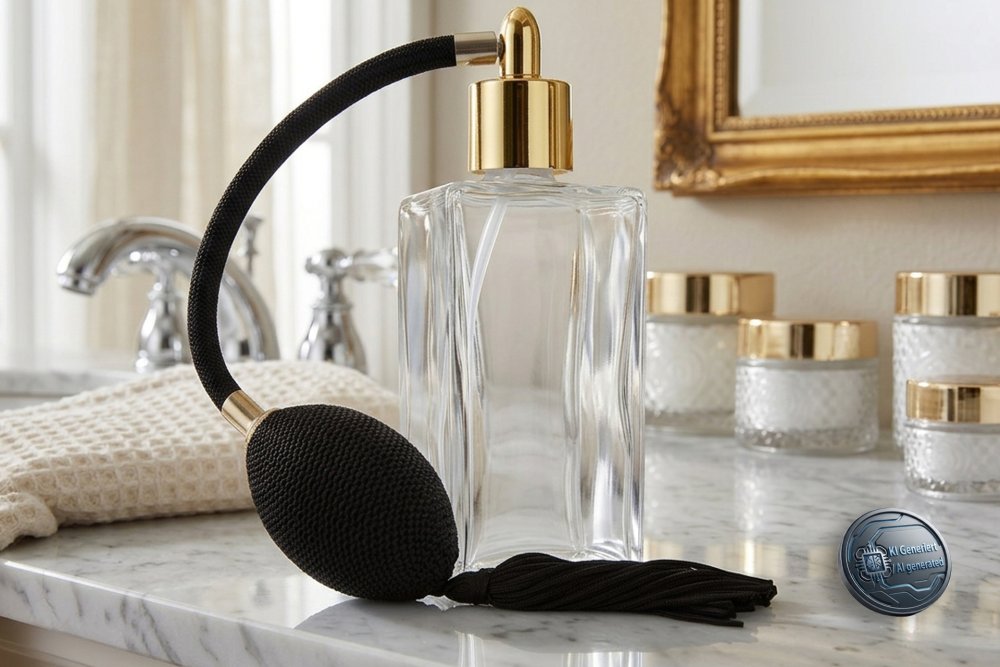 Atomiser, glass for 100 ml with black-gold ball pump, Height: 14 cm