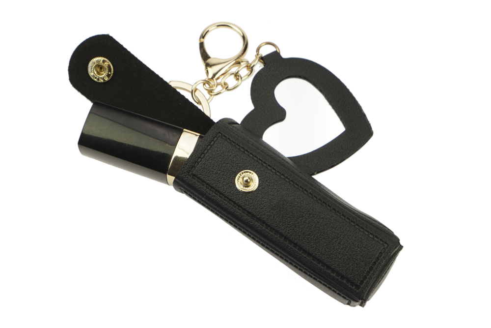 Fashionable lipstick and pocket atomizer bag with snap fastener, small heart-shaped mirror, and keychain snap hook, black