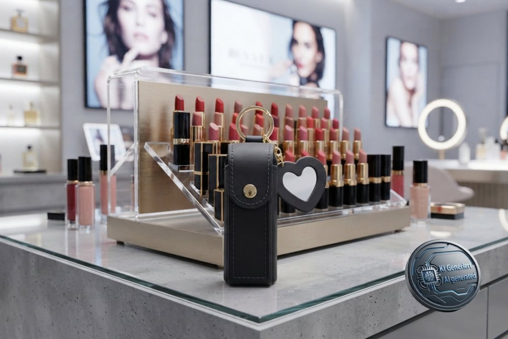 Modische Lippenstift- und Taschenzerstäubertasche mit Druckknopf, kleinem Herz-Spiegel und Schlüsselanhänger-Karabinerhaken, Schwarz