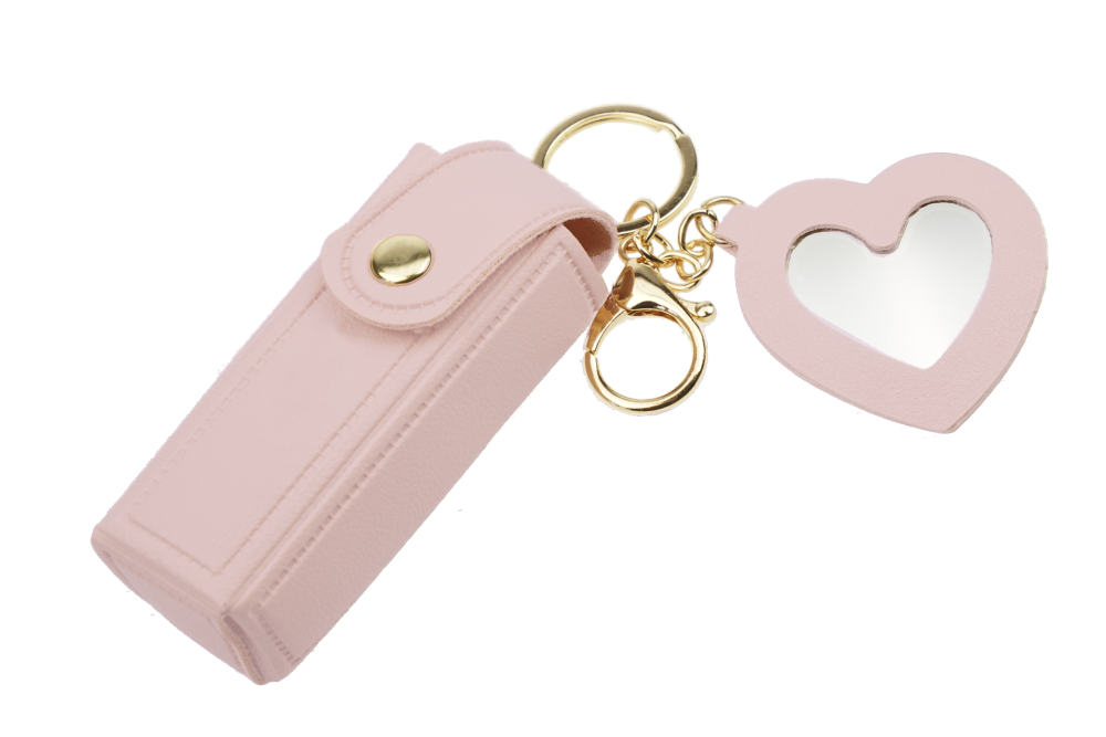 Fashionable lipstick and pocket atomizer bag with snap fastener, small heart-shaped mirror, and keychain snap hook, pink