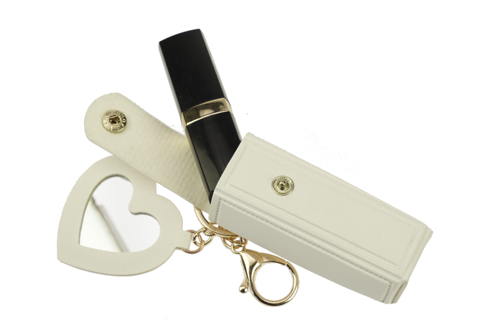 Fashionable lipstick and pocket atomizer bag with snap fastener, small heart-shaped mirror, and keychain snap hook, pink