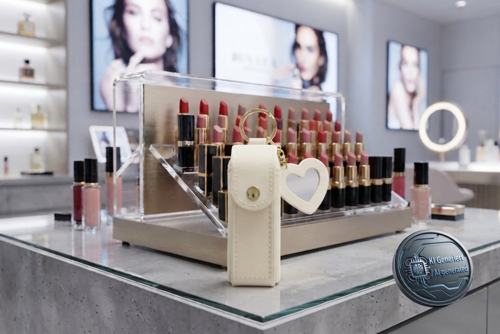 Modische Lippenstift- und Taschenzerstäubertasche mit Druckknopf, kleinem Herz-Spiegel und Schlüsselanhänger-Karabinerhaken, Weiß