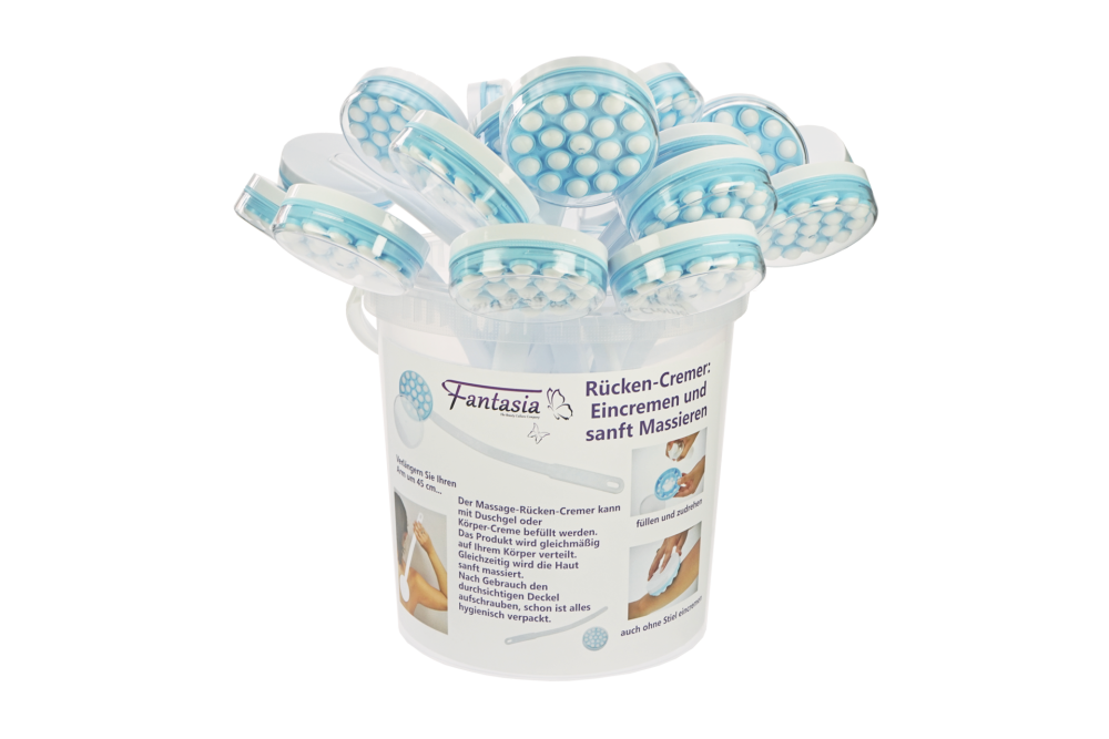 Plastic bucket filled with 18 x Art. 37015 Back cremer and massager, Plastic, removable handle, Length: 45 cm, Display free of charge