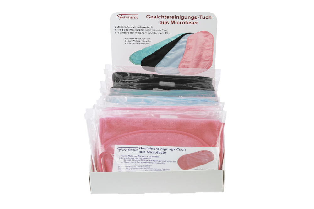 Display equipped with 12 x facial cleansing cloth, Display for free, washable, Size: 40 x 17 cm