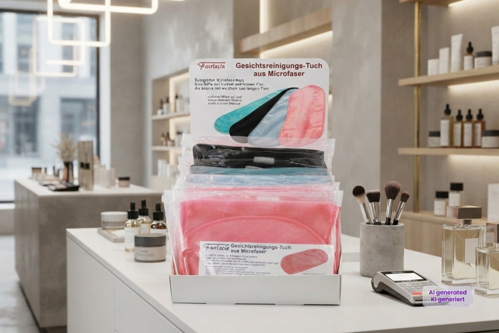 Display equipped with 12 x facial cleansing cloth, Display for free, washable, Size: 40 x 17 cm