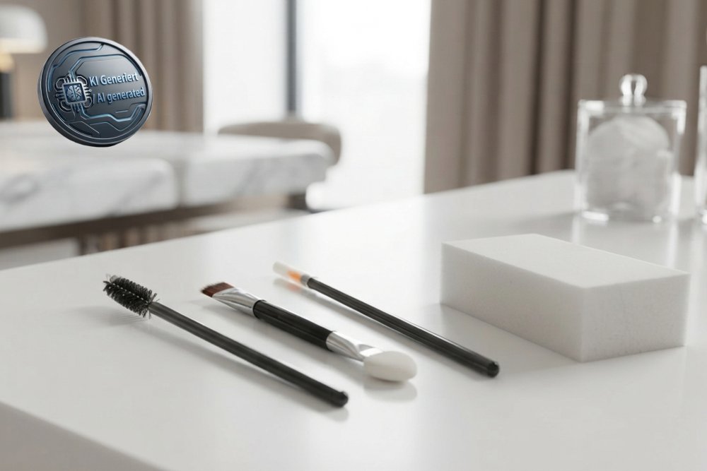 Einweg-Schminkset bestehend aus Schwämmchen, Wimpernroller, Eyeliner + Lidschatten/Applikator