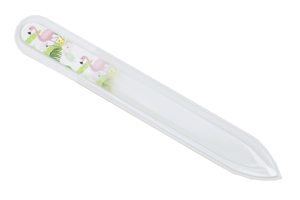 Glasfeile - doppelseitig, geätzt in gehärtetem Glas, Motiv Flamingo, mit Etui, Länge: 13,5 cm