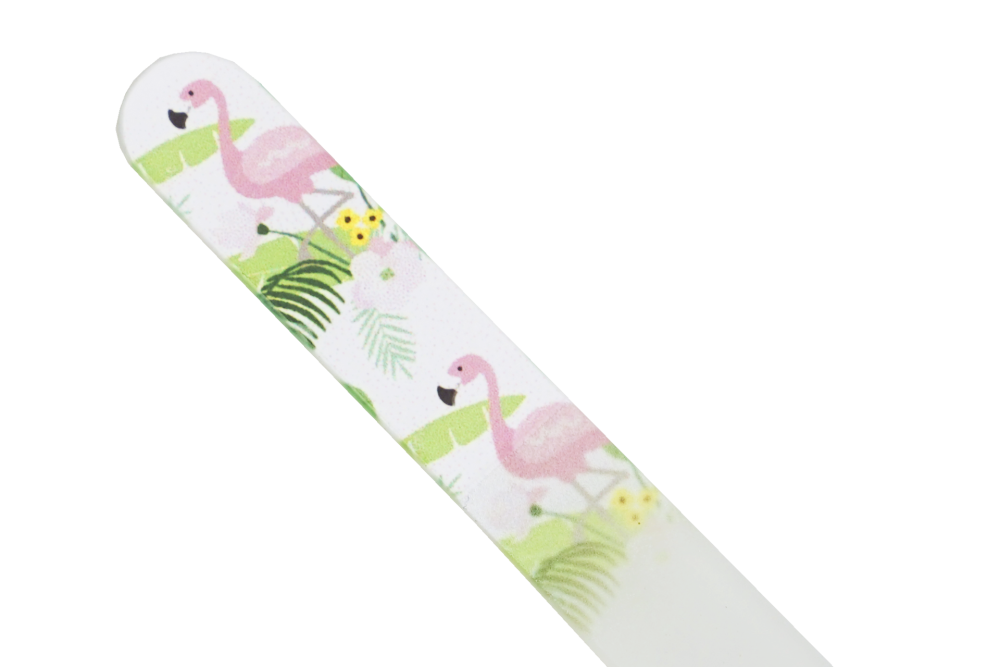 Glasfeile - doppelseitig, geätzt in gehärtetem Glas, Motiv Flamingo, mit Etui, Länge: 13,5 cm