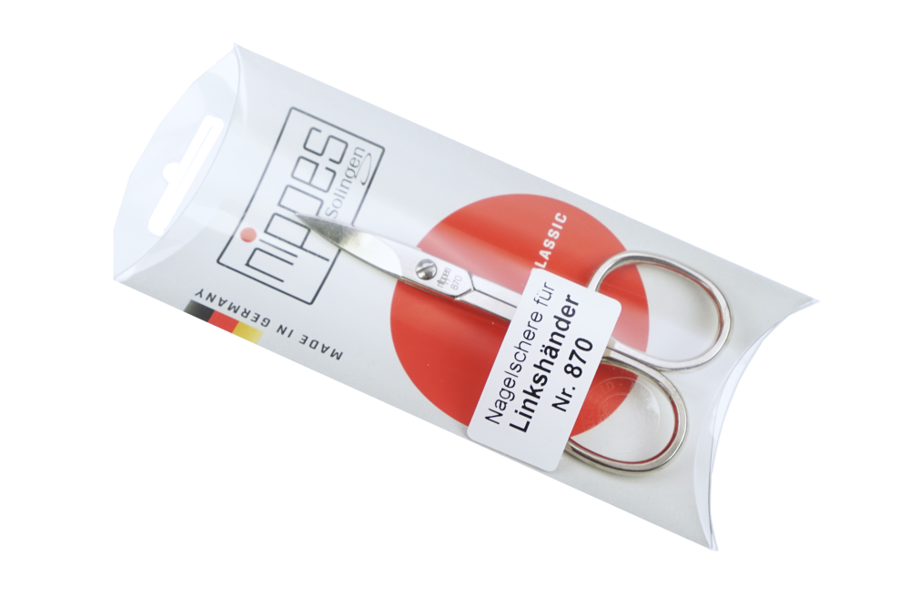 Nagelschere mit gebogener Spitze, vernickelt, Linkshänder Schere