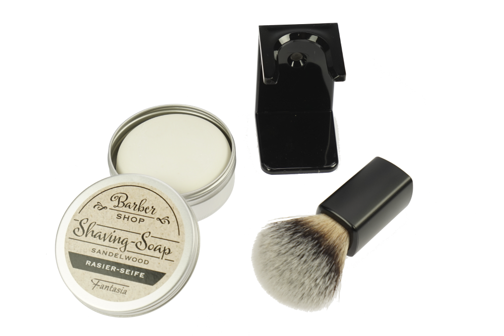 Holder for Shavingbrush black with shaving brush black with Synthetikhair, Shaving soap in an aluminum can