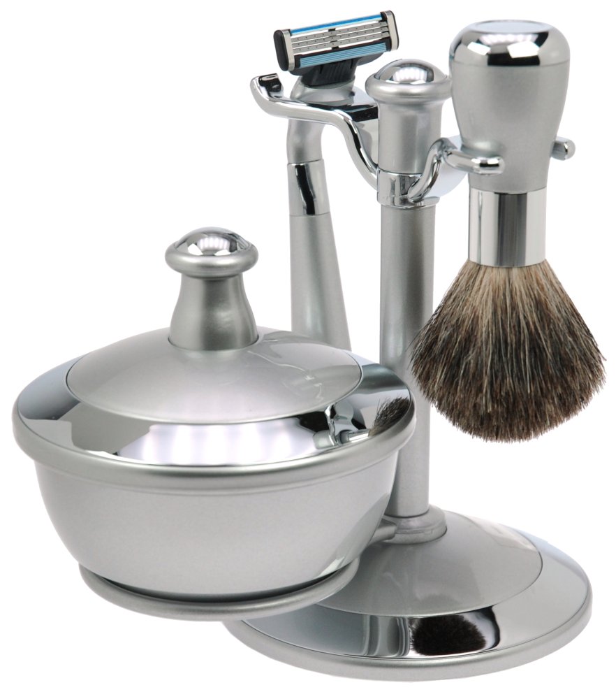 Shaving Set  Mach3, pure badger brush,  Plastic, silver,  With mug,  Hight: 17cm