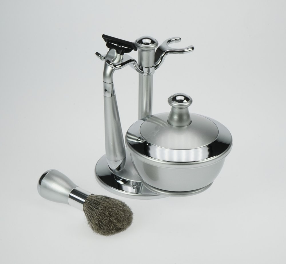 Shaving Set  Mach3, pure badger brush,  Plastic, silver,  With mug,  Hight: 17cm