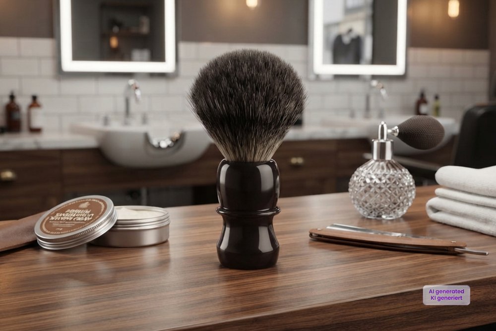 Shaving brush plastic, pure badger. Black. Height: 10,5 cm, Ring-Ø 21 mm