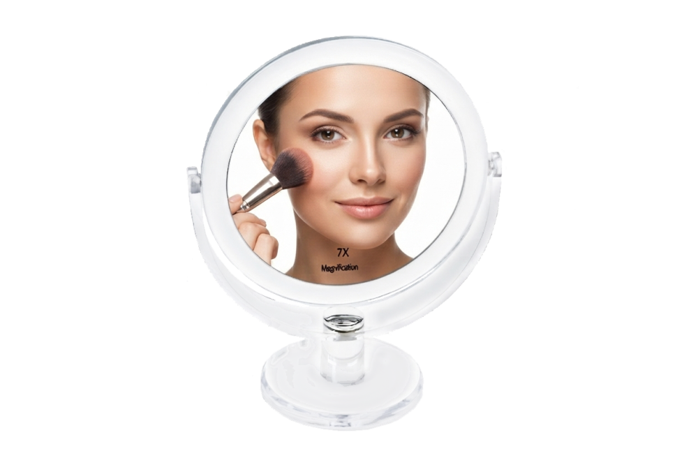Clear Plastic stand mirror with 7x magnification, Ø 16 cm, Height: 22 cm