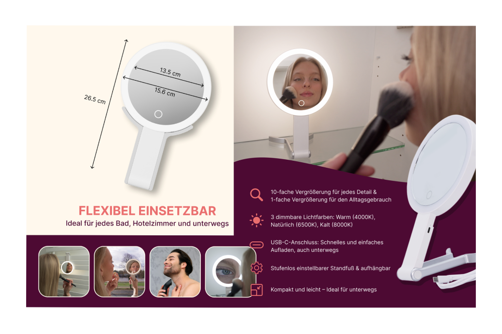 Hand- und Stellspiegel weiß, 10-fach/1-fach Vergrösserung mit LED-Beleuchtung