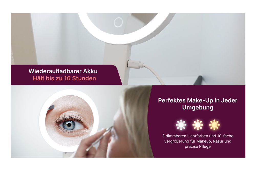 Hand- und Stellspiegel weiß, 10-fach/1-fach Vergrösserung mit LED-Beleuchtung