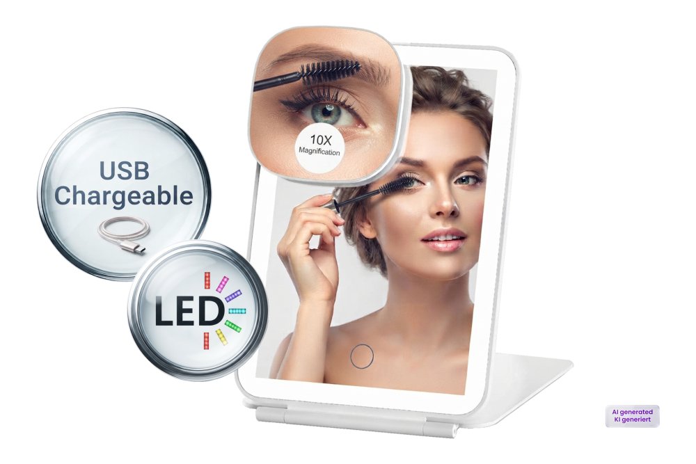 Reisespiegel klappbar mit magnetischem 10-fach Spiegel und LED Akku Beleuchtung