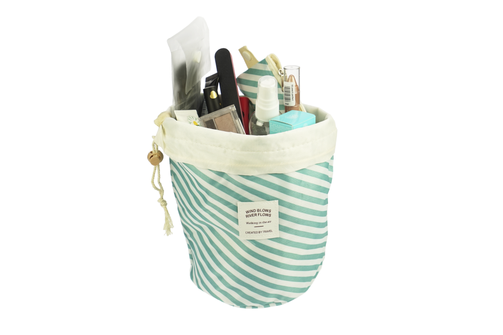 Beauty travel bag, turquoise/white stripes, empty, Height 23,5 cm