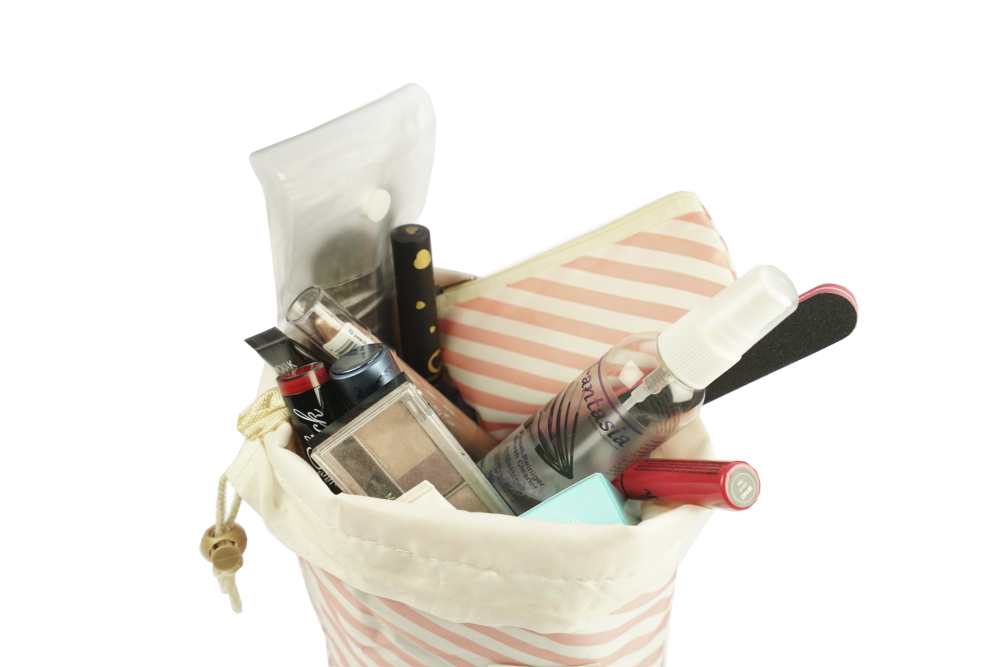 Beauty travel bag, pink/white striped, empty, Height 23,5 cm