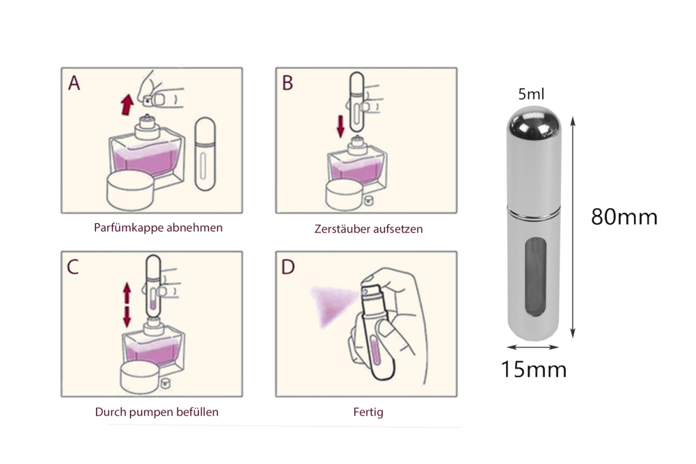 Taschenzerstäuber, silber glänzend für 5 ml, mit Füllautomatik und Sichtfenster