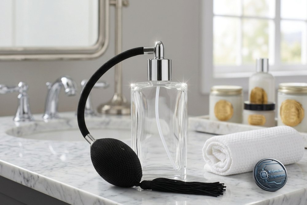 Tischzerstäuber, Glas oval, mit Ballpumpe, schwarz-chromfarben, für 100 ml, Höhe: 15 cm